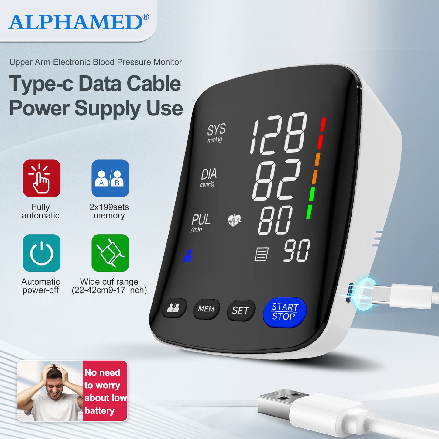 Alphamed U82RH upper arm blood pressure monitor features.