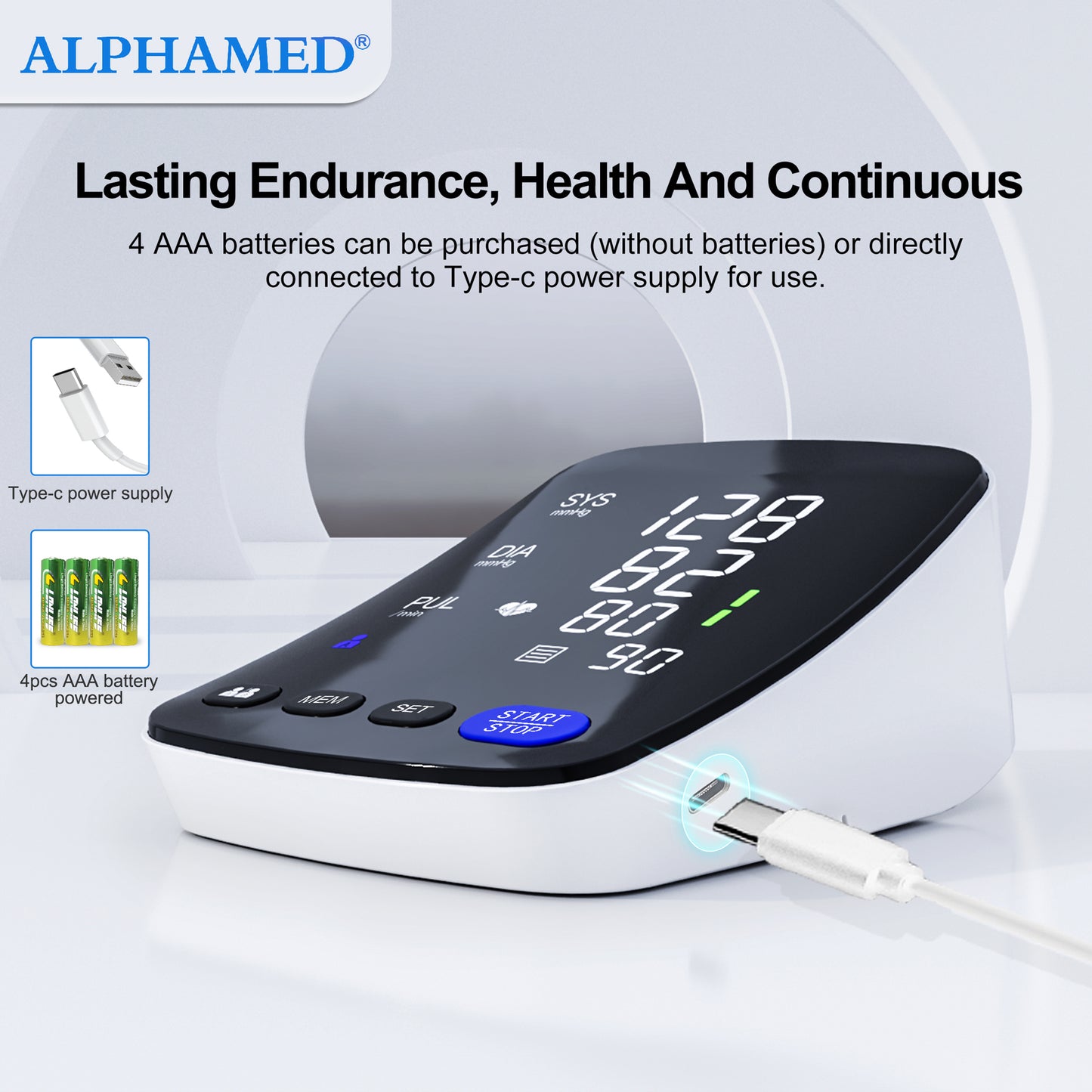 Alphamed U82RH upper arm blood pressure monitor features.