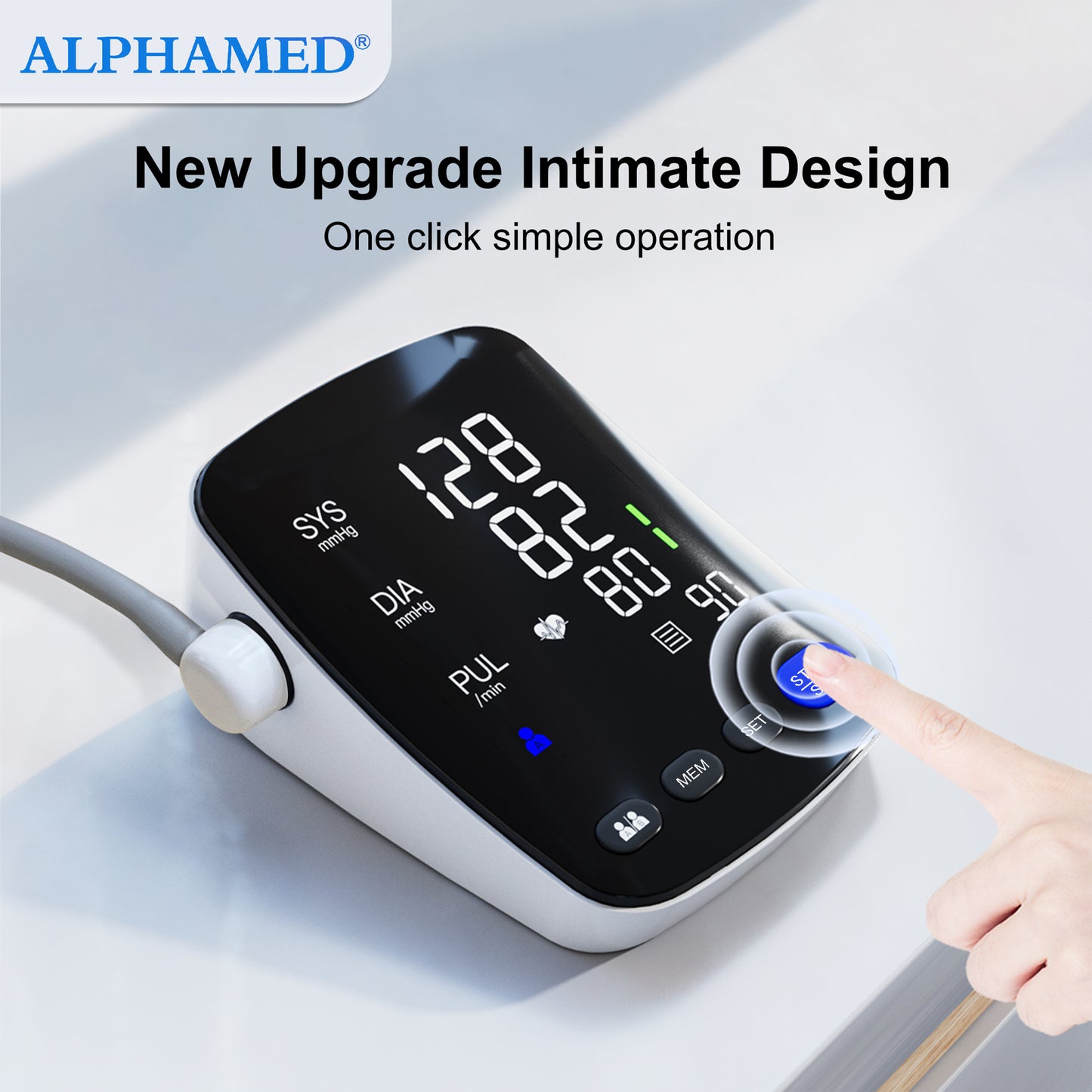 Alphamed U82RH upper arm blood pressure monitor features.