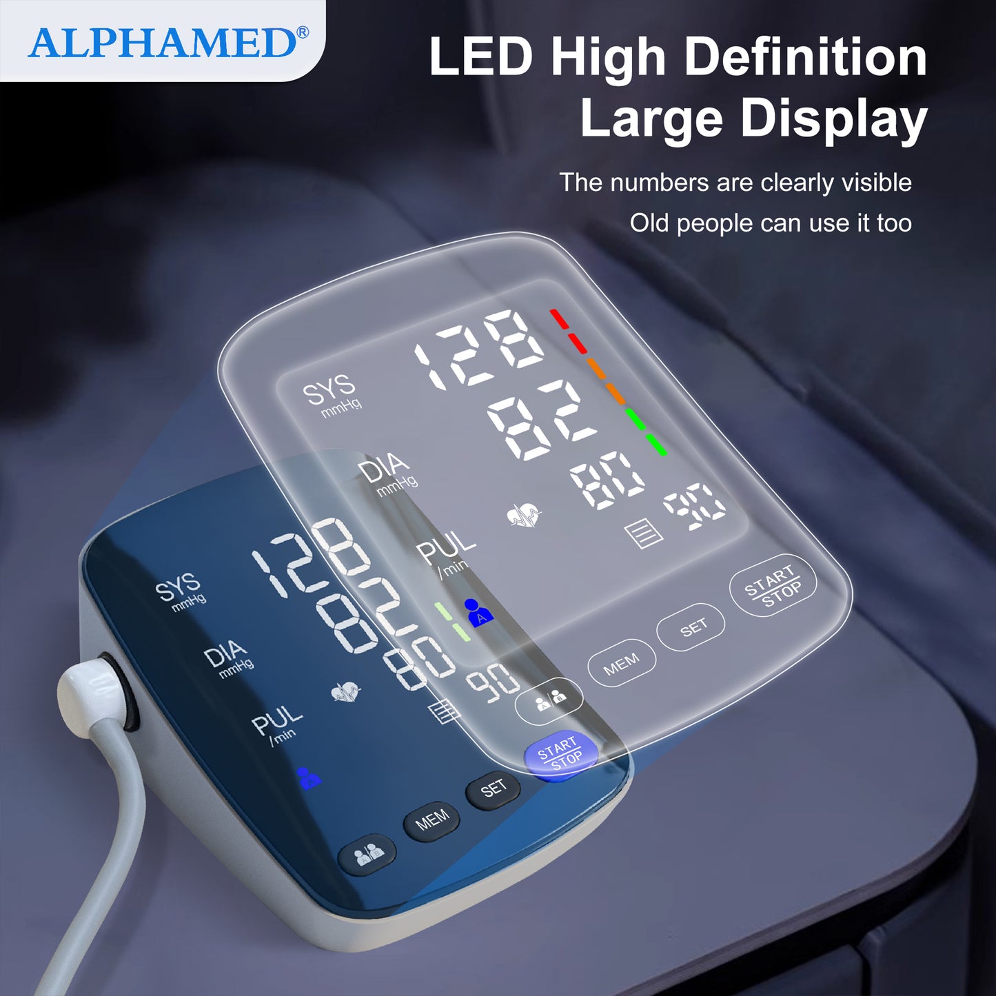 Alphamed U82RH upper arm blood pressure monitor features.